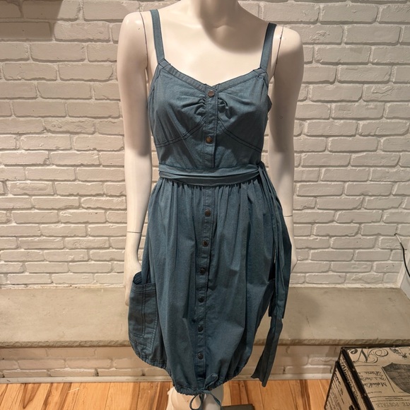 ZAC POSEN for Target Teal Button Front Dress Boho Chic Cinched Waist Pocket NWOT - Picture 9 of 14